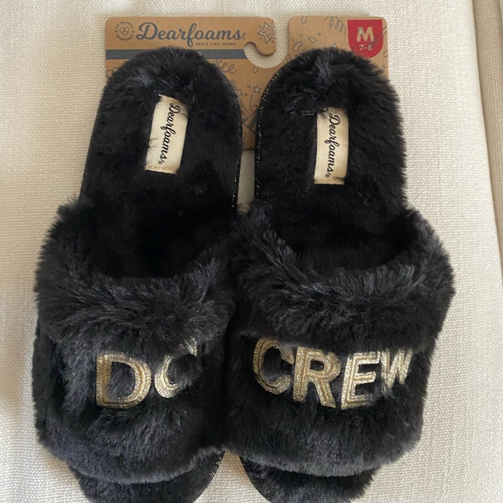 Two pairs of “I Do Crew” Dearfoams Slippers